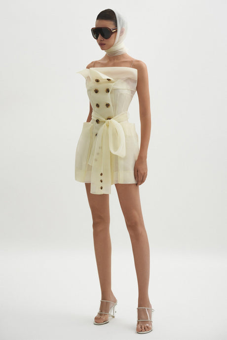Aurohaya Polliana White Double Breasted Organza Mini Dress