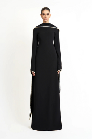 Aurohaya Piroska Black Pearl Trim Shawl Detail Maxi Dress