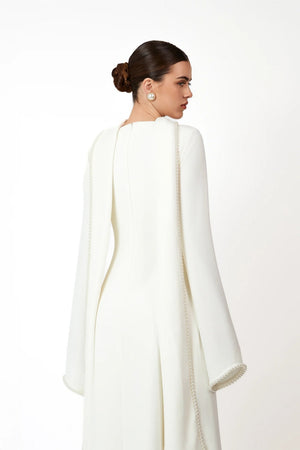 Aurohaya Piroska White Pearl Trim Shawl Detail Maxi Dress