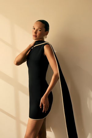 Aurohaya Piroska Black Sleeveless Pearl Trim Mini Dress