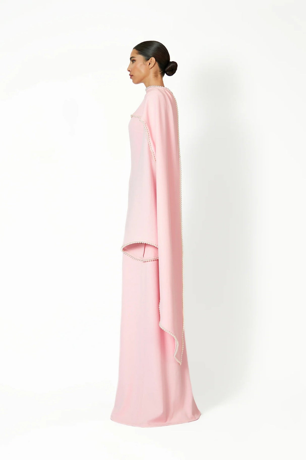 Aurohaya Piroska Pink Pearl Trim Shawl Detail Maxi Dress