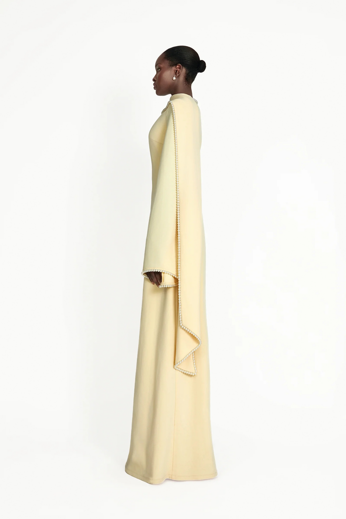 Aurohaya Piroska Yellow Pearl Trim Shawl Detail Maxi Dress