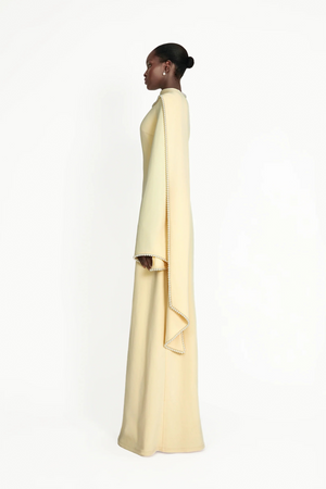 Aurohaya Piroska Yellow Pearl Trim Shawl Detail Maxi Dress