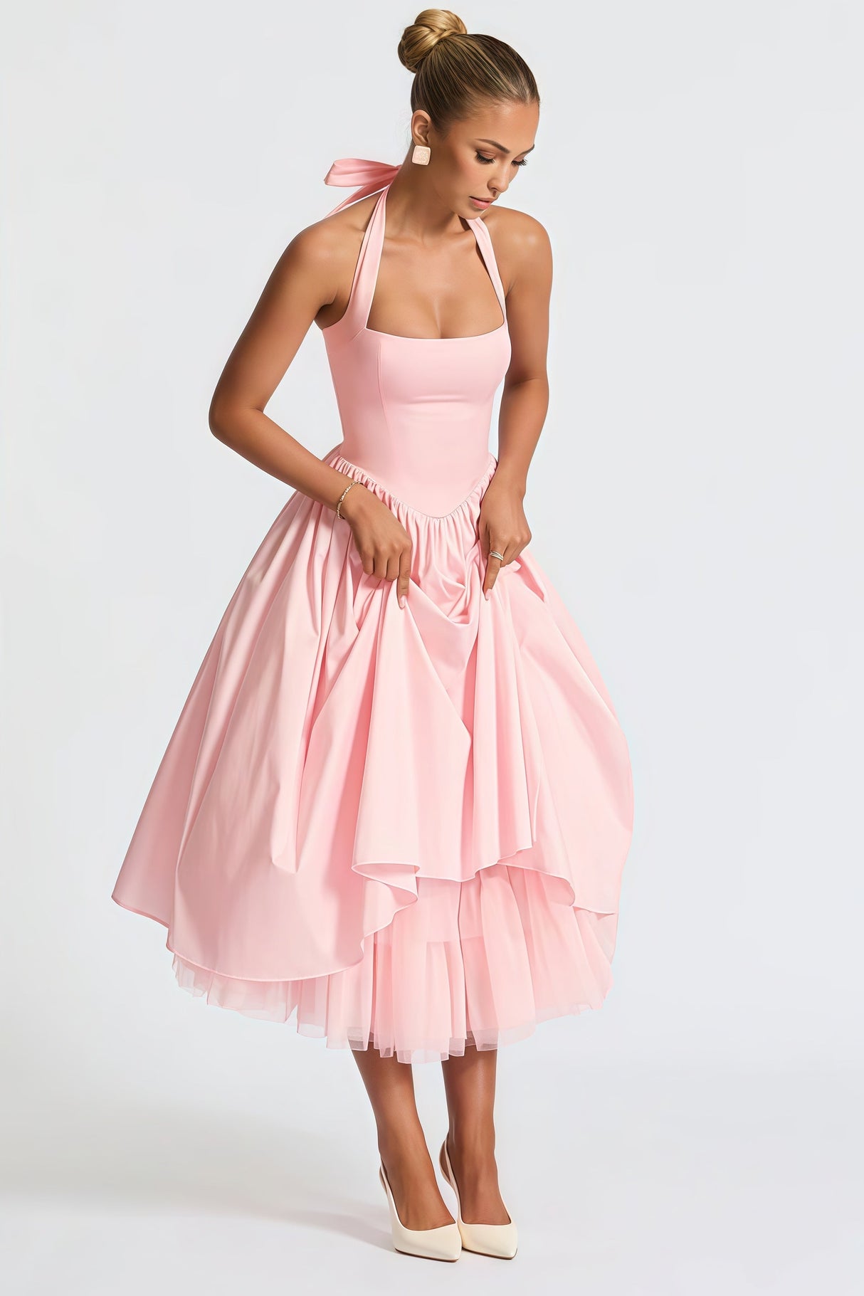 Aurohaya Eponine Pink Layered Flared Hem Midi Dress