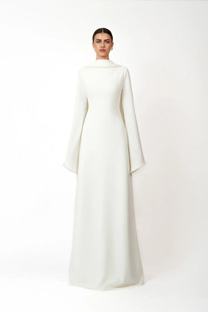 Aurohaya Piroska White Pearl Trim Shawl Detail Maxi Dress