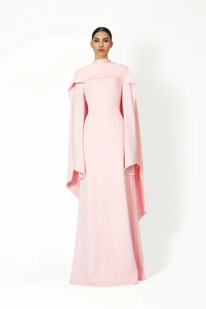 Aurohaya Piroska Pink Pearl Trim Shawl Detail Maxi Dress