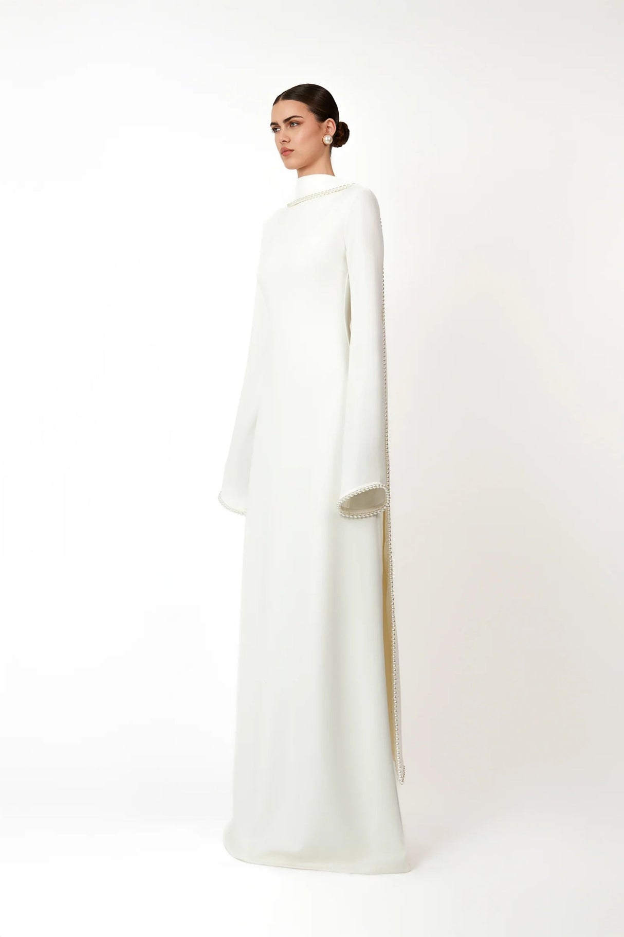 Aurohaya Piroska White Pearl Trim Shawl Detail Maxi Dress