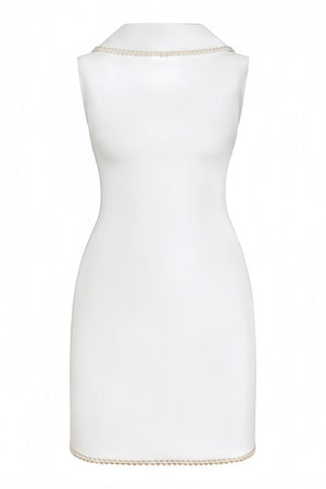 Aurohaya Piroska White Sleeveless Pearl Trim Mini Dress