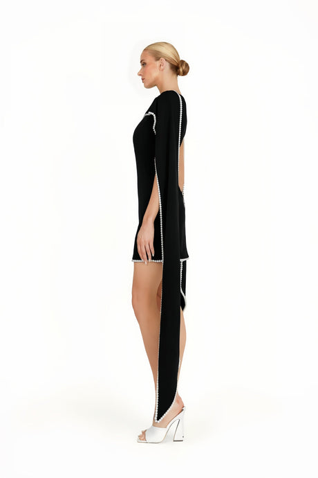 Aurohaya Piroska Black Sleeveless Pearl Trim Mini Dress