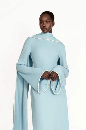 Aurohaya Piroska Blue Pearl Trim Shawl Detail Maxi Dress