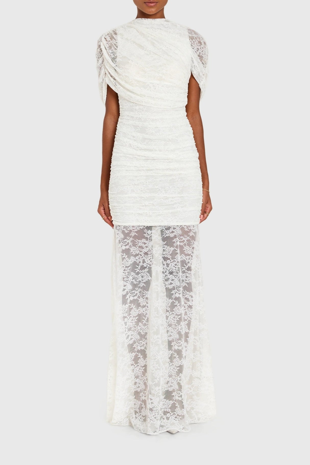 Aurohaya Sylphe White Asymmetrical Ruched Mesh Maxi Dress