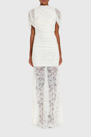 Aurohaya Sylphe White Asymmetrical Ruched Mesh Maxi Dress
