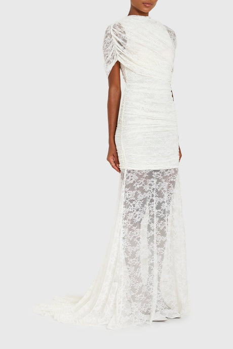 Aurohaya Sylphe White Asymmetrical Ruched Mesh Maxi Dress