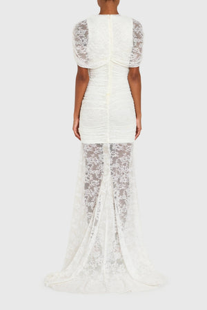 Aurohaya Sylphe White Asymmetrical Ruched Mesh Maxi Dress