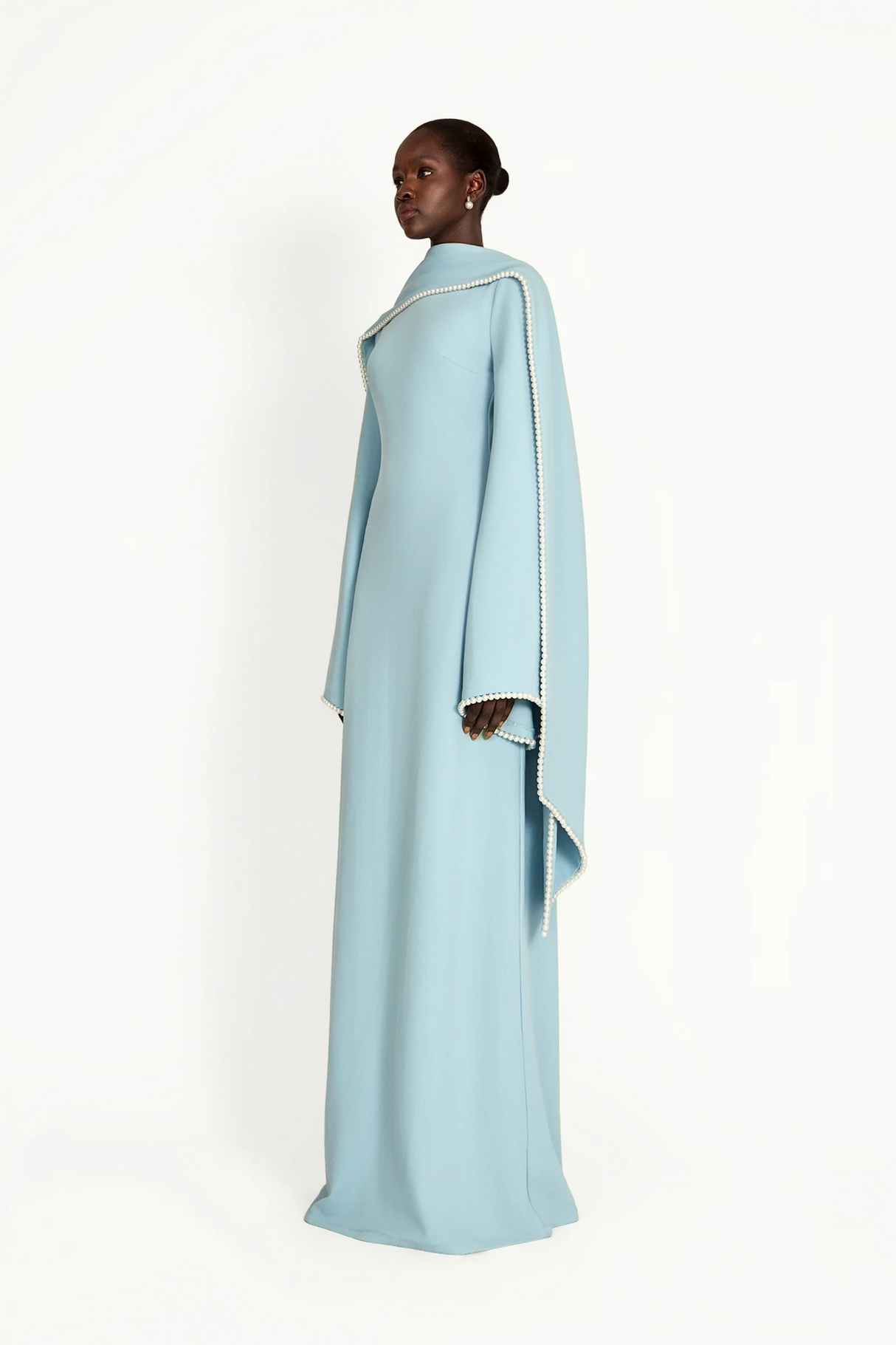Aurohaya Piroska Blue Pearl Trim Shawl Detail Maxi Dress