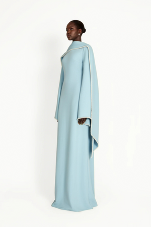 Aurohaya Piroska Blue Pearl Trim Shawl Detail Maxi Dress