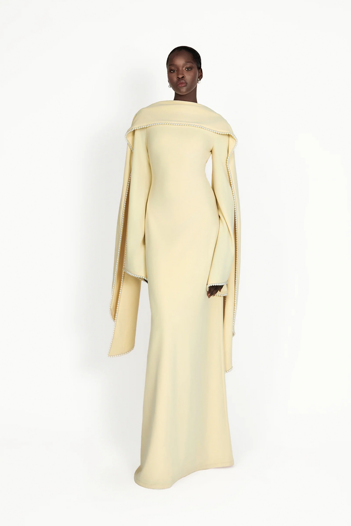 Aurohaya Piroska Yellow Pearl Trim Shawl Detail Maxi Dress