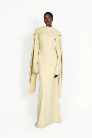 Aurohaya Piroska Yellow Pearl Trim Shawl Detail Maxi Dress