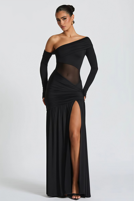 Aurohaya Anastasia Black One Shoulder Gathered Maxi Dress