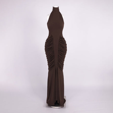 Aurohaya Candice Ruched Sleeveless High Neck Maxi Dress Coffee