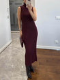 Aurohaya Elegant High-Neck Ribbed Knit Sleeveless Maxi Dress Burgundy