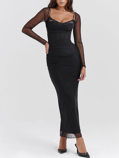 Aurohaya Black Backless Bodycon Suspender Maxi Dress