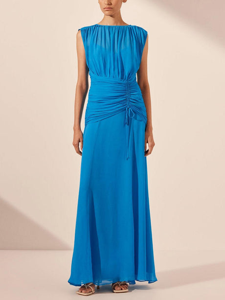 Aurohaya Elegant Pleated Drawstring Crew Neck Maxi Dress Blue