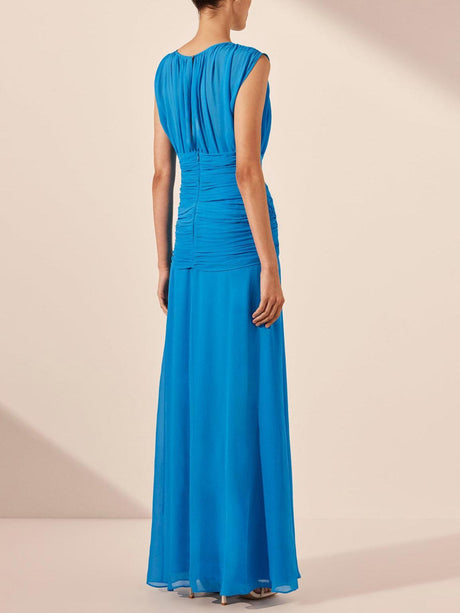 Aurohaya Elegant Pleated Drawstring Crew Neck Maxi Dress