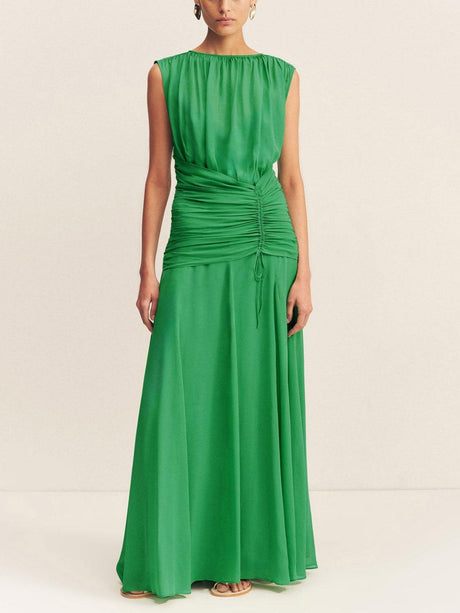 Aurohaya Elegant Pleated Drawstring Crew Neck Maxi Dress Green
