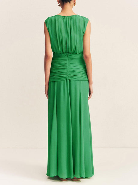 Aurohaya Elegant Pleated Drawstring Crew Neck Maxi Dress