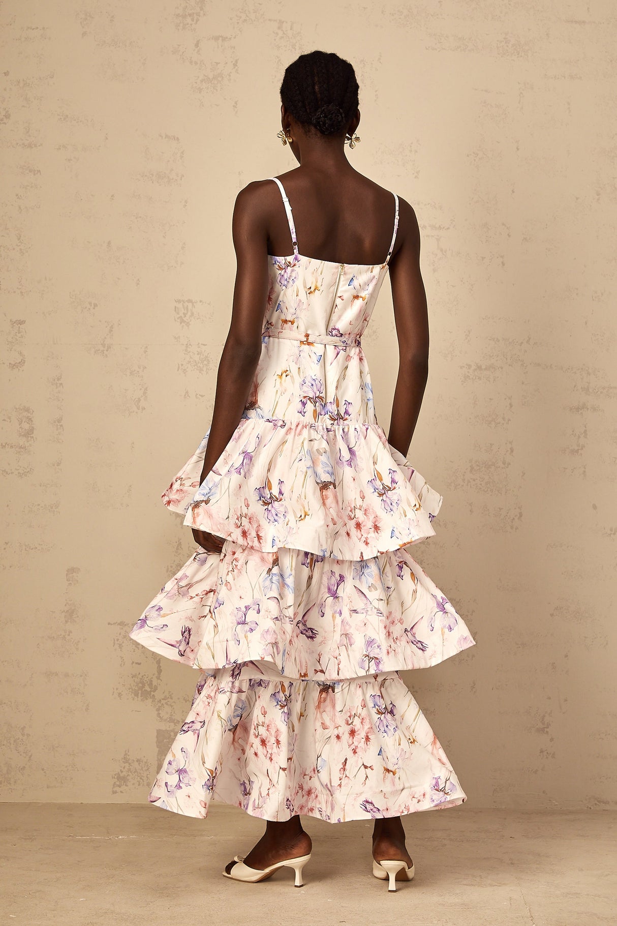 Aurohaya Géraldine White Floral Print Ruffled Tiered Maxi Dress