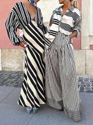 Aurohaya Unique Deep V-Neck Irregular Striped Midi Dress
