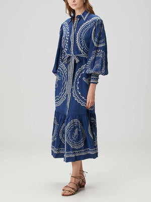 Aurohaya Exquisite Blue Ocean Print Lace-Up Single-Breasted Midi Dress