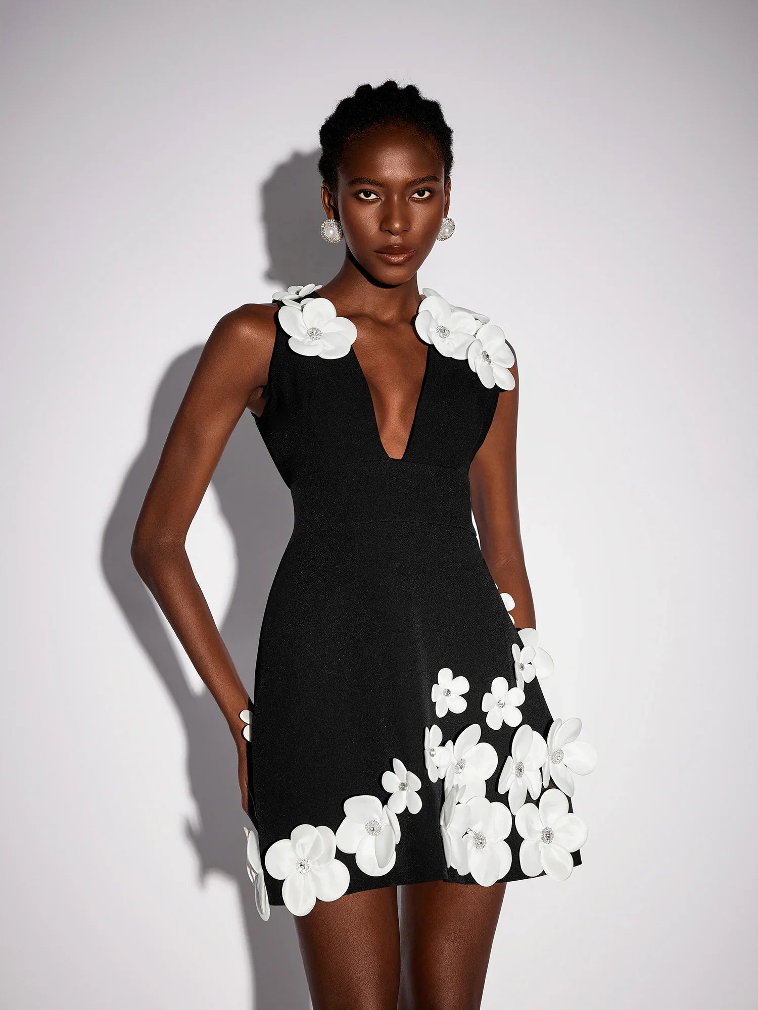 Aurohaya Therese Floral Appliqué V-Neck Mini Dress Black