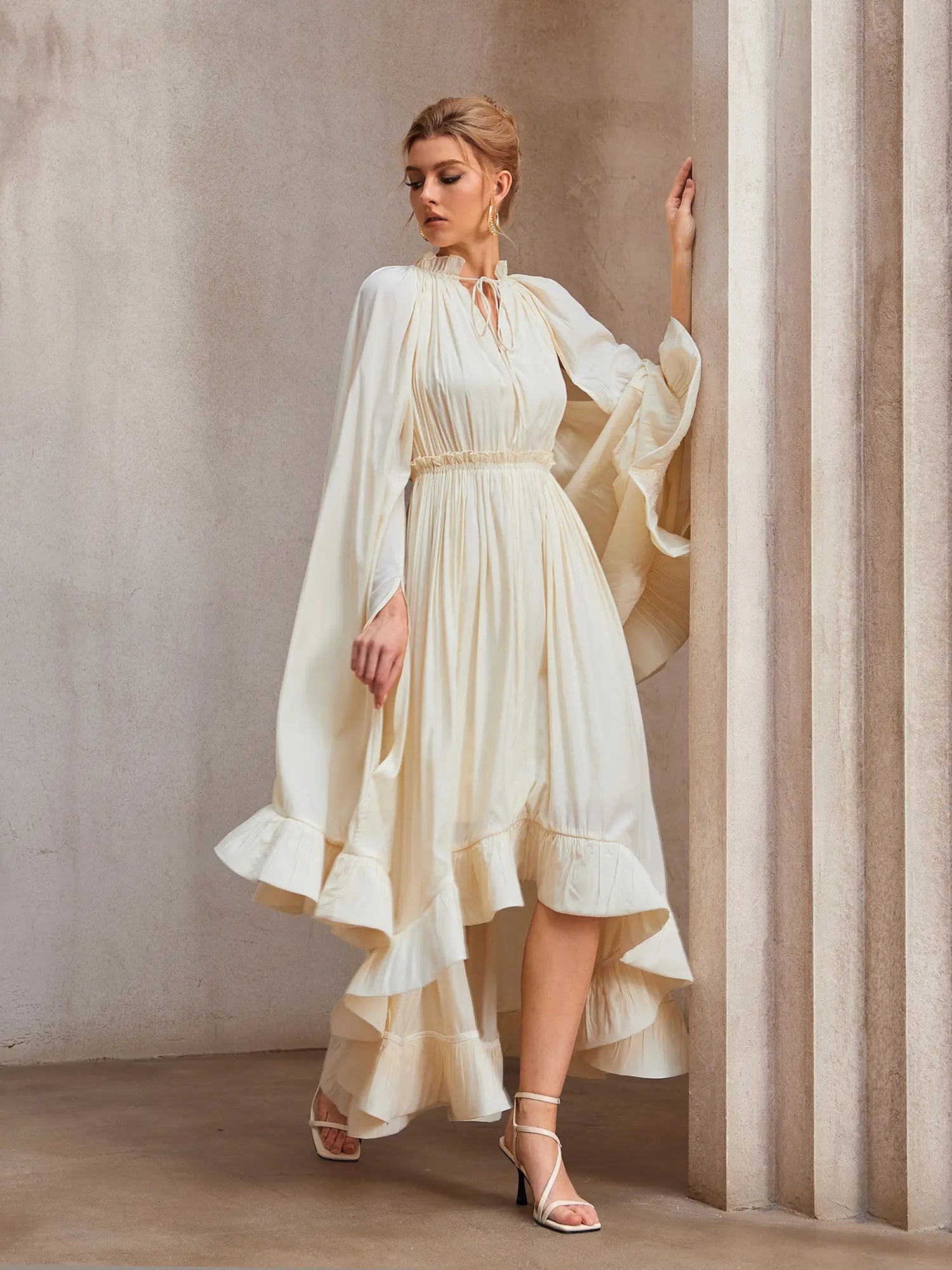 Aurohaya Jacqueline Cape Sleeve Ruffle Midi Dress