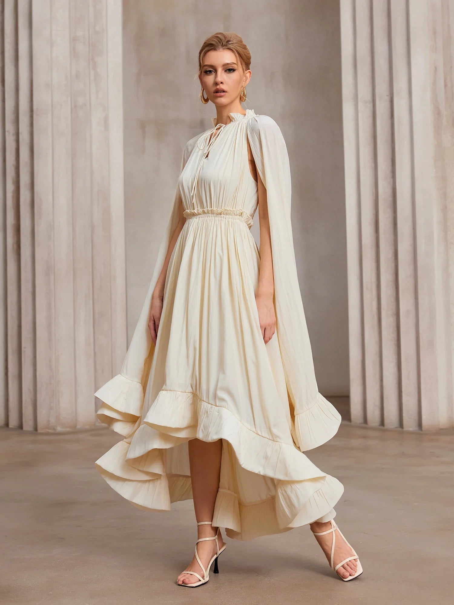 Aurohaya Jacqueline Cape Sleeve Ruffle Midi Dress