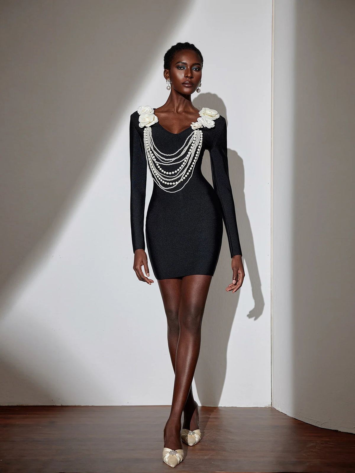 Aurohaya Josiane Pearl Chain Bodycon Mini Dress Black