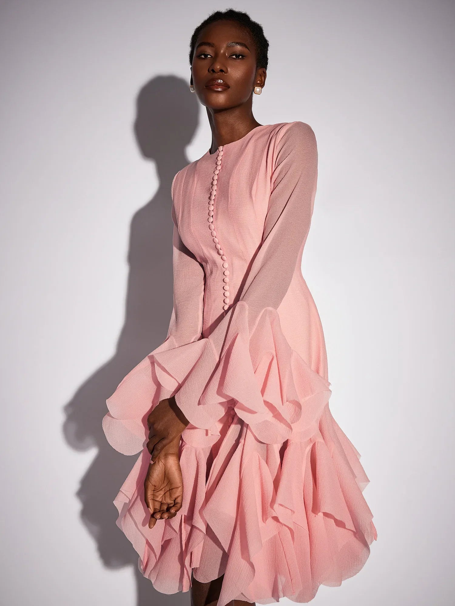 Aurohaya Anne Ruffled Mesh Long Sleeve Midi Dress