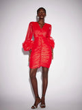 Aurohaya Mauricette Ruched V Neck Long Sleeve Mini Dress Crimson Flame
