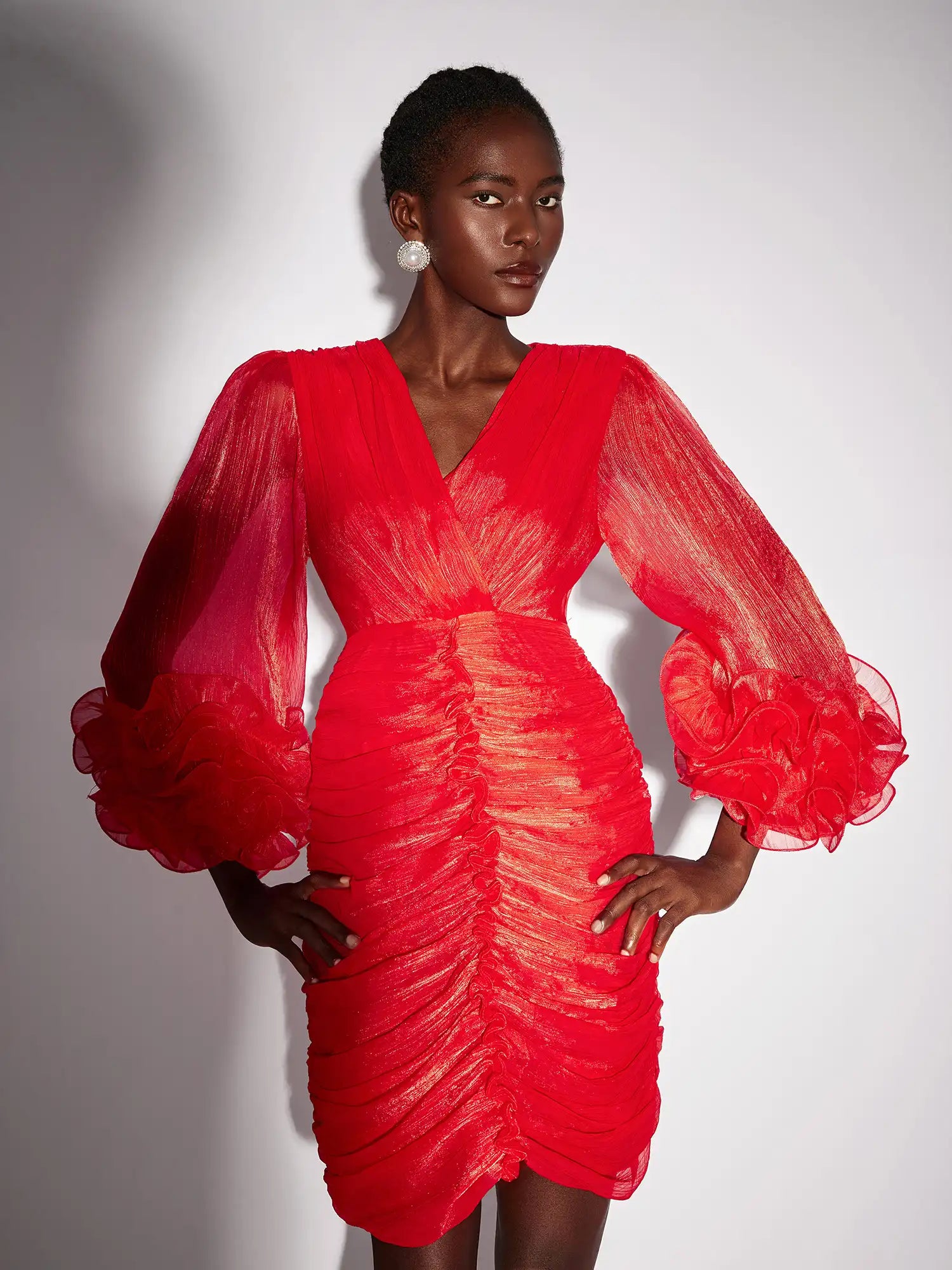 Aurohaya Mauricette Ruched V Neck Long Sleeve Mini Dress