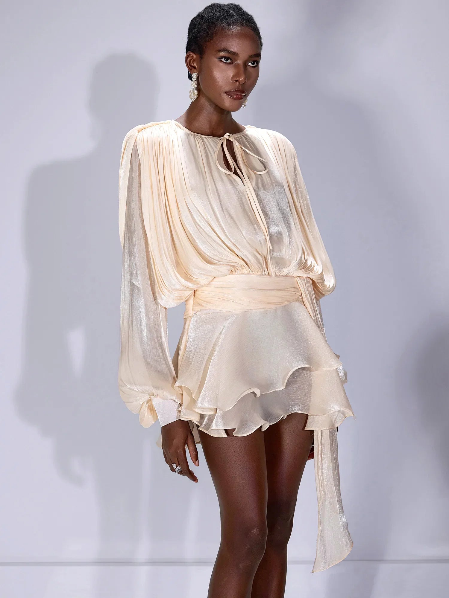 Aurohaya Raymonde Ruched Tie-Neck Mini Dress