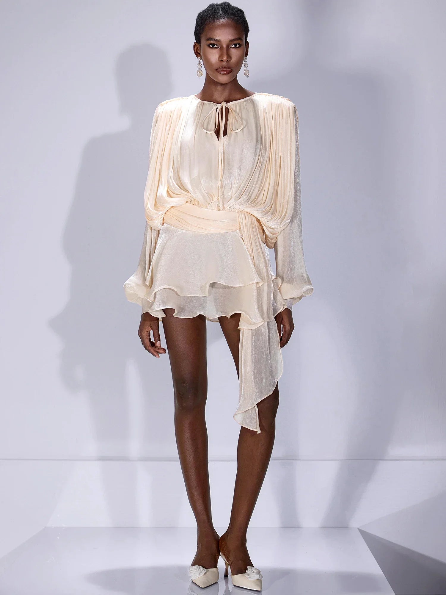 Aurohaya Raymonde Ruched Tie-Neck Mini Dress