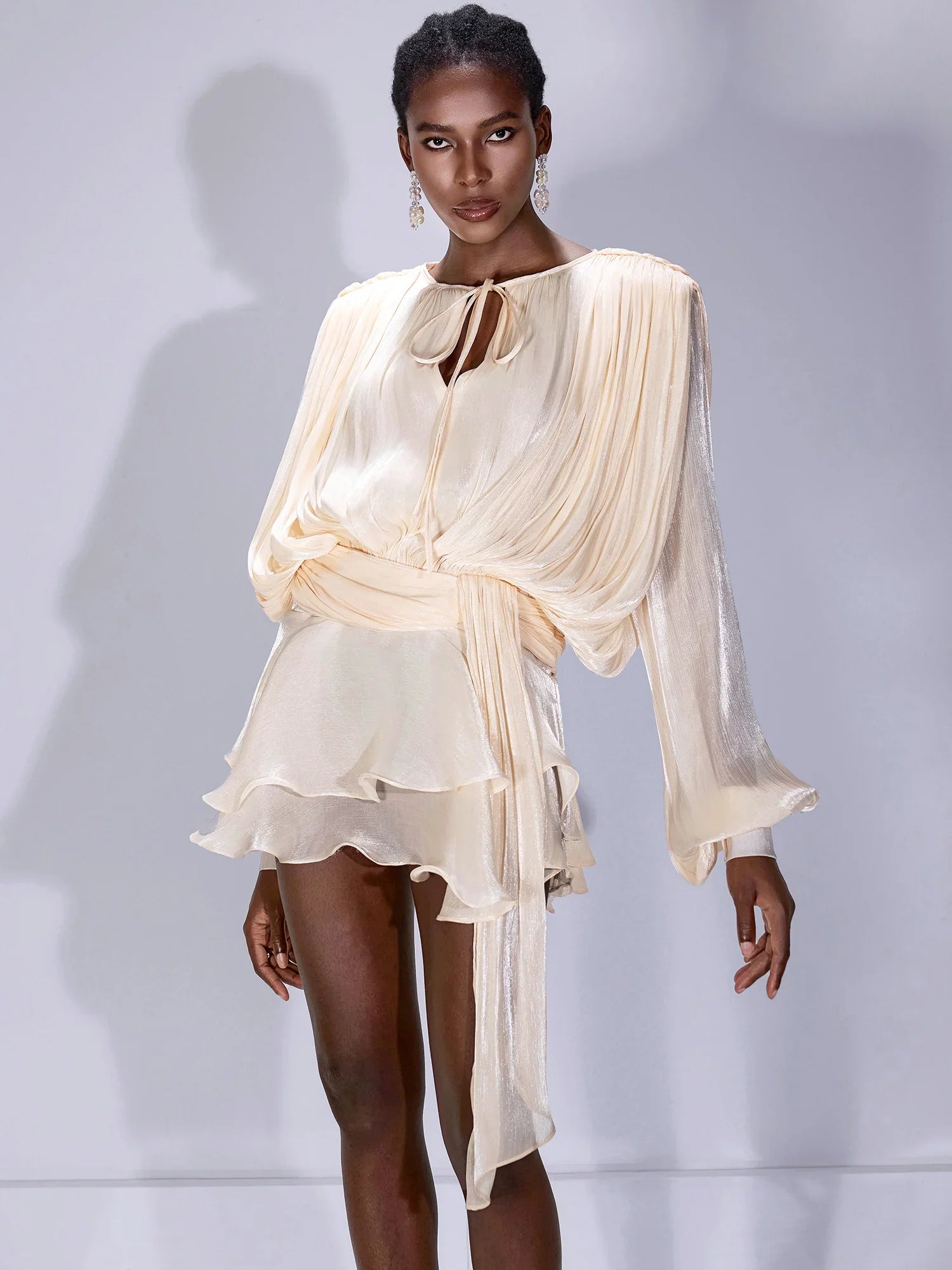 Aurohaya Raymonde Ruched Tie-Neck Mini Dress