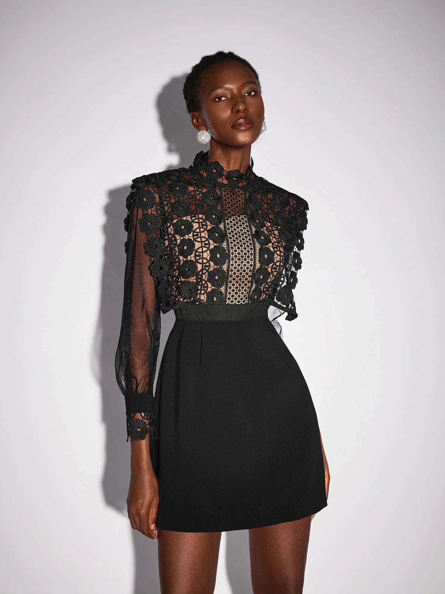 Aurohaya Madeline Lace High Neck Long Sleeve Mini Dress