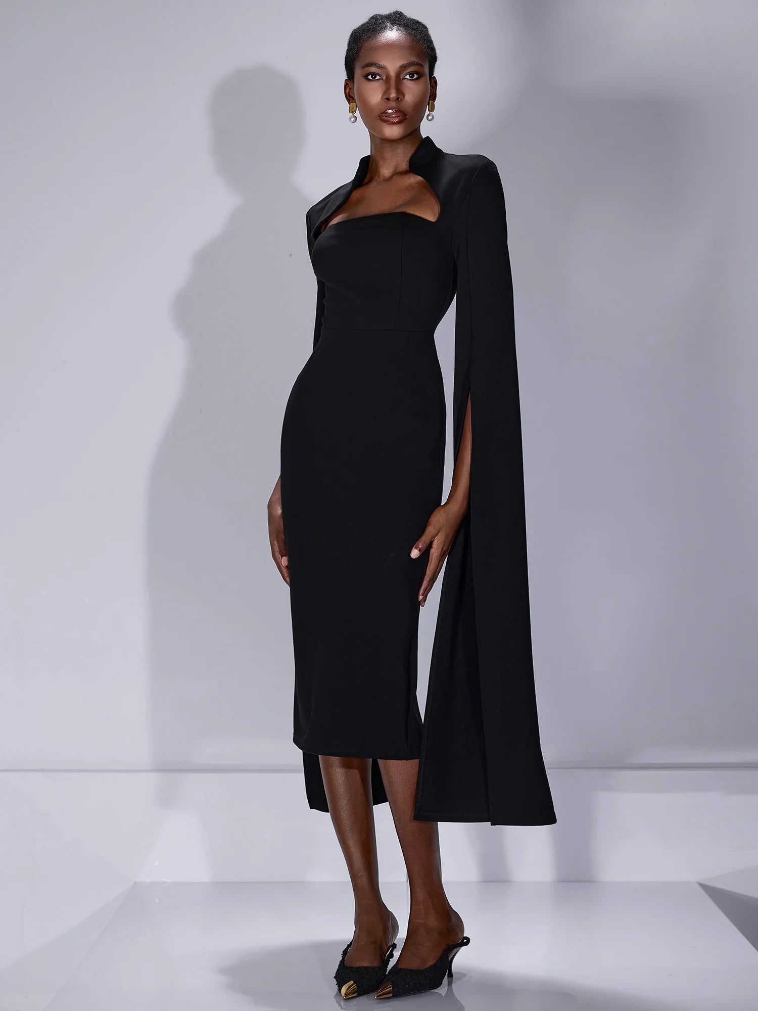 Aurohaya Isabelle Strapless Draped Sleeve Midi Dress