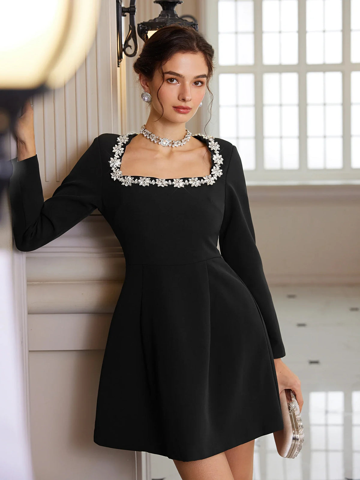 Aurohaya Micheline Square Neck Long Sleeve A-Line Mini Dress Black