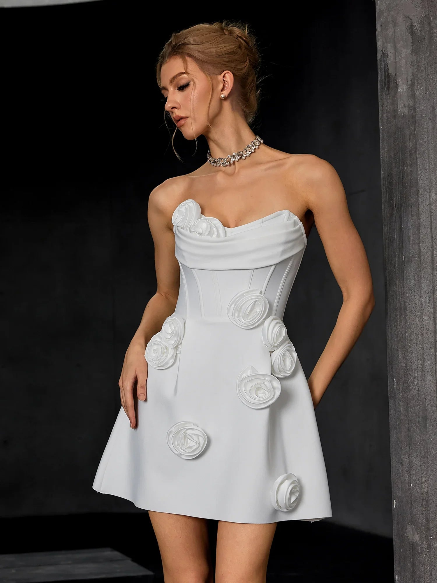 Aurohaya Alexandrine Strapless Floral Appliqué Mini Dress