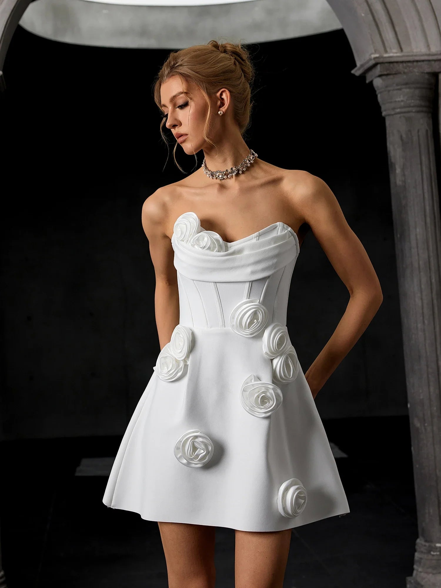 Aurohaya Alexandrine Strapless Floral Appliqué Mini Dress