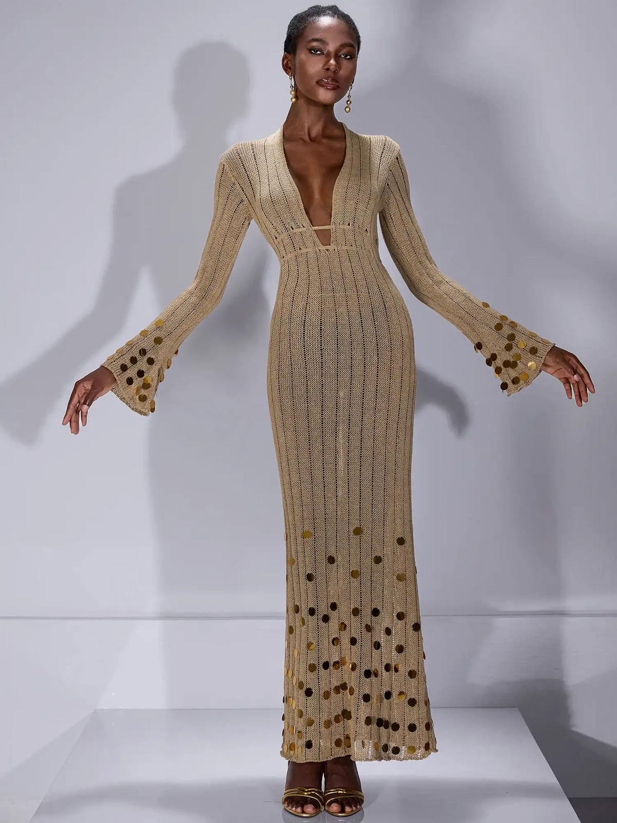 Aurohaya Sandrine V Neck Knit Midi Dress Warm Taupe