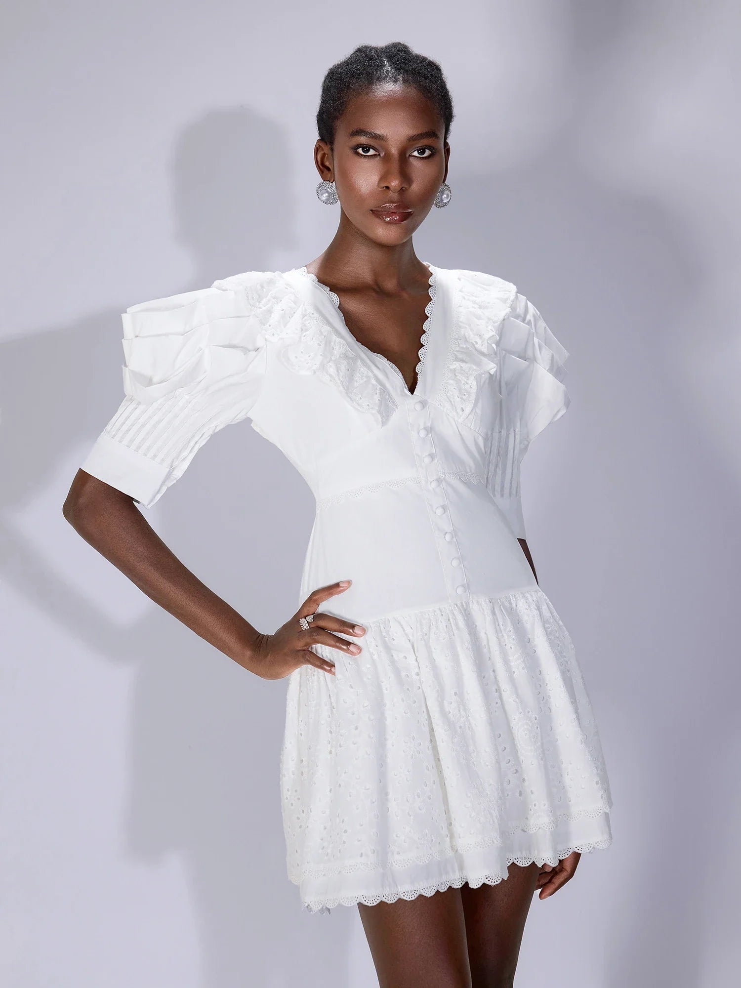 Aurohaya Ginette Ruffle Sleeve V-Neck Fit Mini Dress